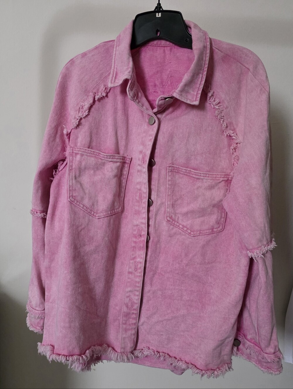 Pink Acid Wash Distressed Denim Shacket Star Cutout Frayed. Used Size M - Picture 10 of 11